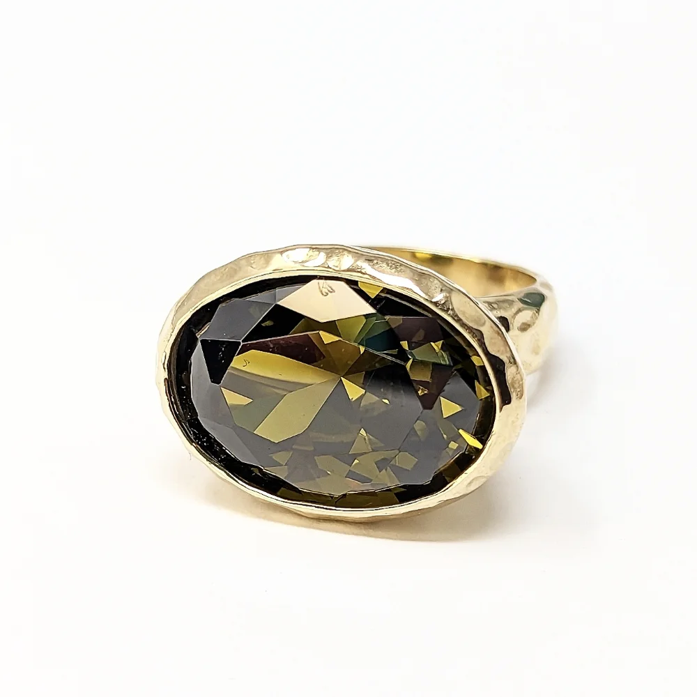 18 grams sterling silver 925 gold plated hammered green gemstone ring bezel set - Picture 3 of 6
